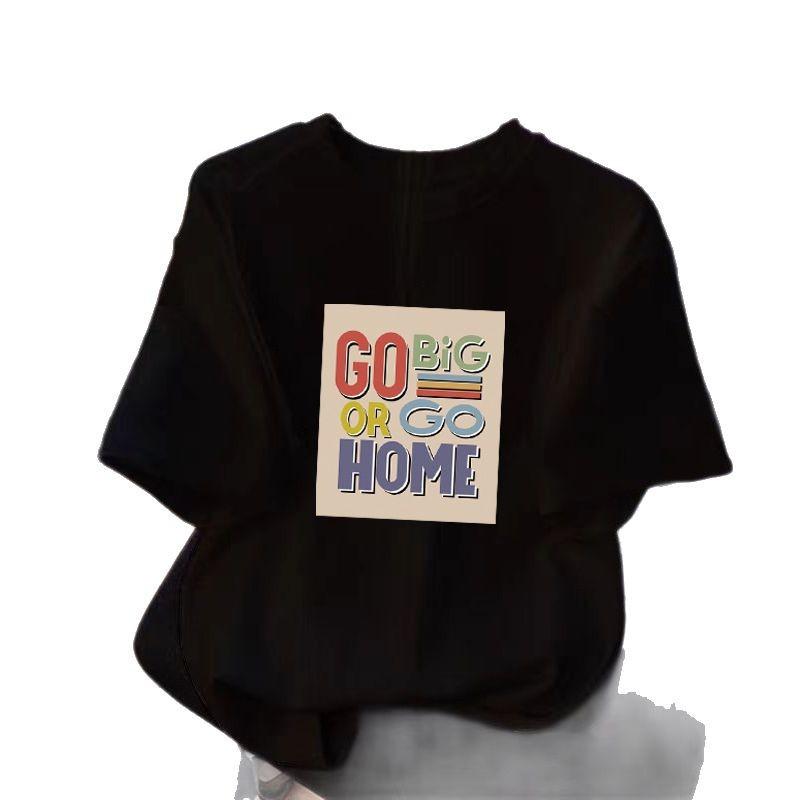 Shoulder Cotton Short-sleeved T-shirt Women's Summer New Fashion Letter Print Crew Neck Black Top