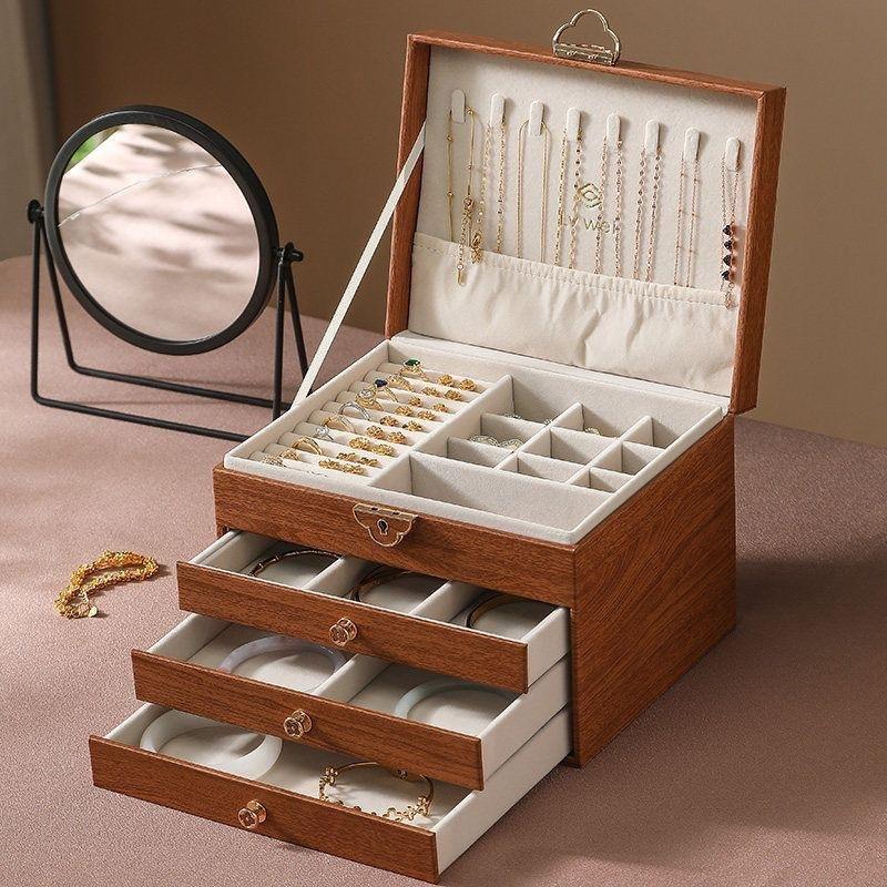 Jewelry Box, Walnut Wood Grain, High-end Exquisite Jewelry, Gold Stud Earrings, Necklace, Anti-oxidation Retro Storage Box, Large Capacity