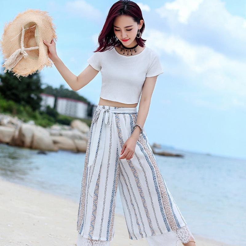 2023 Women's Summer Chiffon Wide-Leg Lace-Up High Waist Slit Pants with Lace Patchwork (F294)