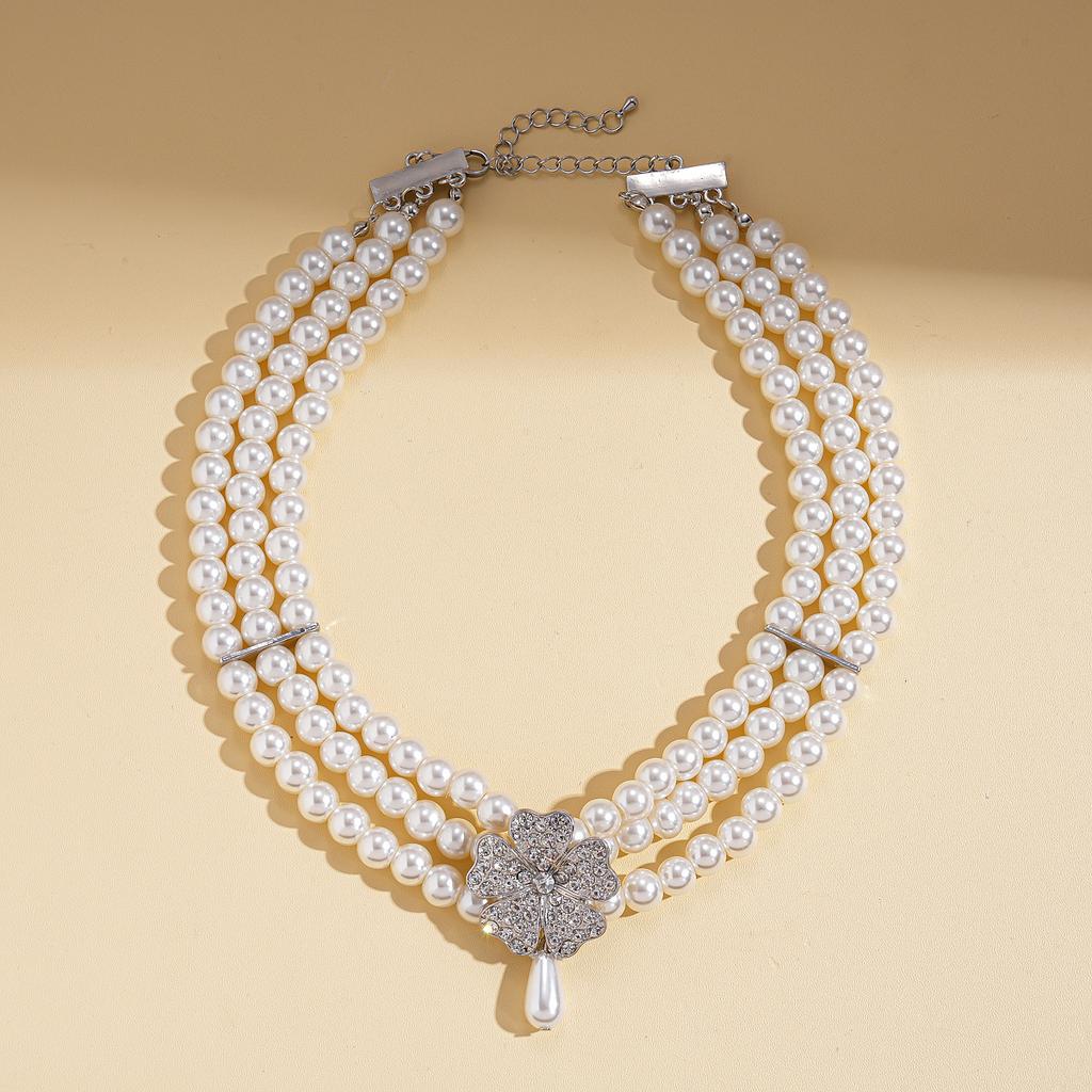 Baroque Diamond Imitation Pearl Flower Water Drop Multi-layer Necklace Temperament Necklace