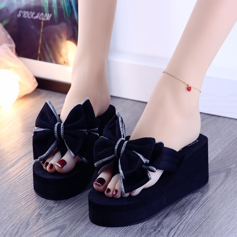 2025 new daily wedges platform slippers woman bow flip-flops lovely butterfly-knot slides female vacation beach flipflops
