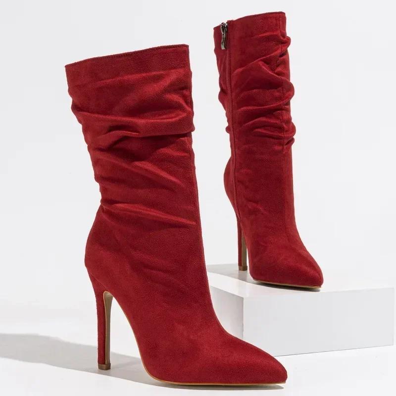 

Women Pleated Flocks High Thin Heel Mid-calf Short Boots for Office Nightclub Evening Party Wedding Banquet Model Botas De Mujer 35 красный