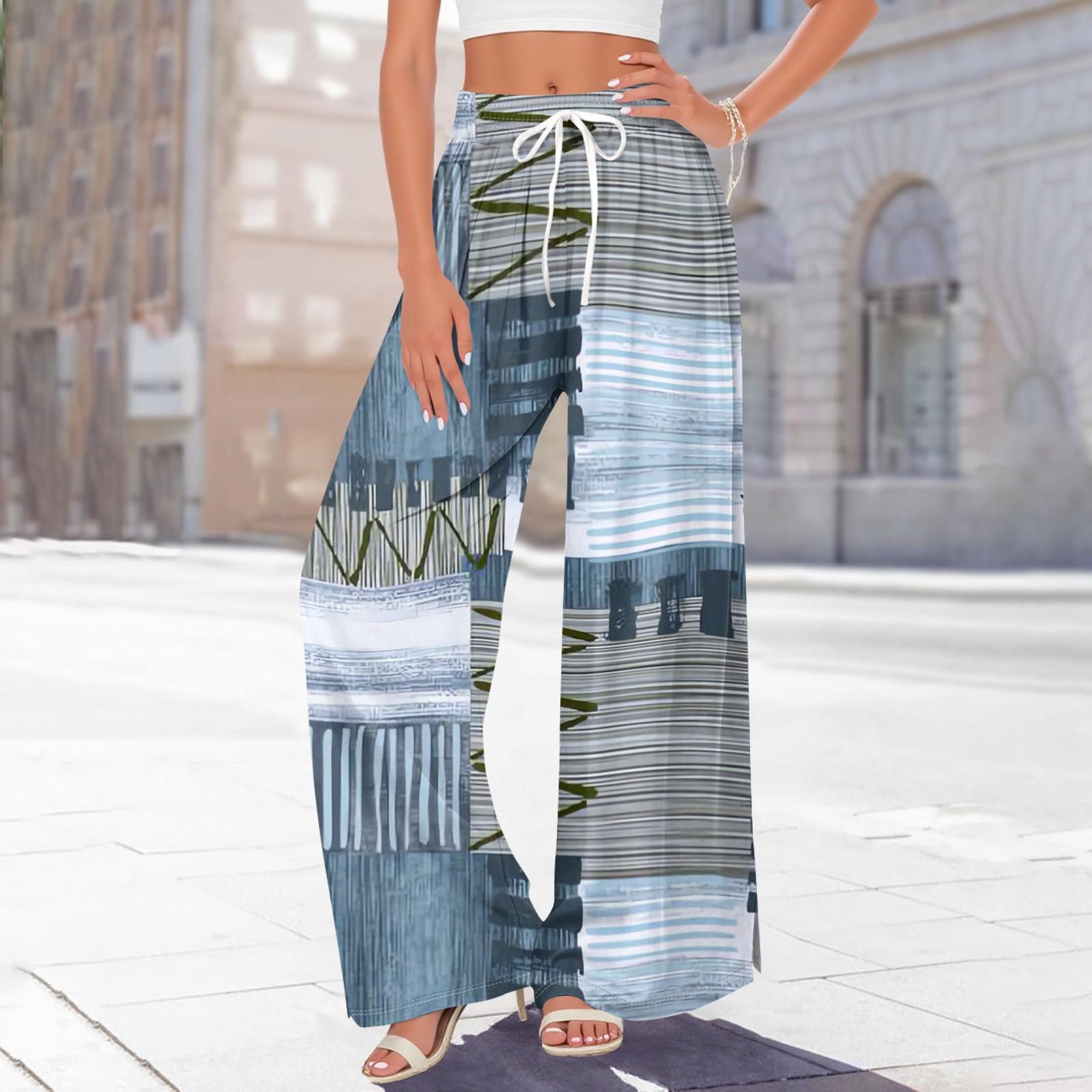 

Женские брюки с принтом и широкими штанинами, с карманами, с высокой талией, на кулиске, свободные, повседневные XL синий