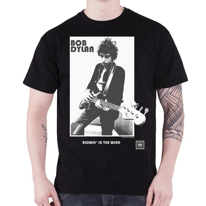 Bob Dylan T-shirt Blowing In The Wind Contrast Bandlogo Unisex Nieuw Zwart