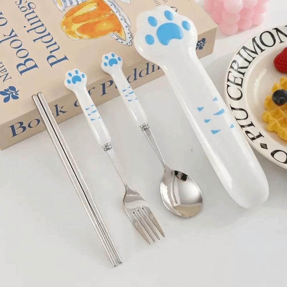 Cute Cat Paw Cutlery Set Reusable Fork Spoon Set Meal Accessories Boxed Tableware Outdoor Camping