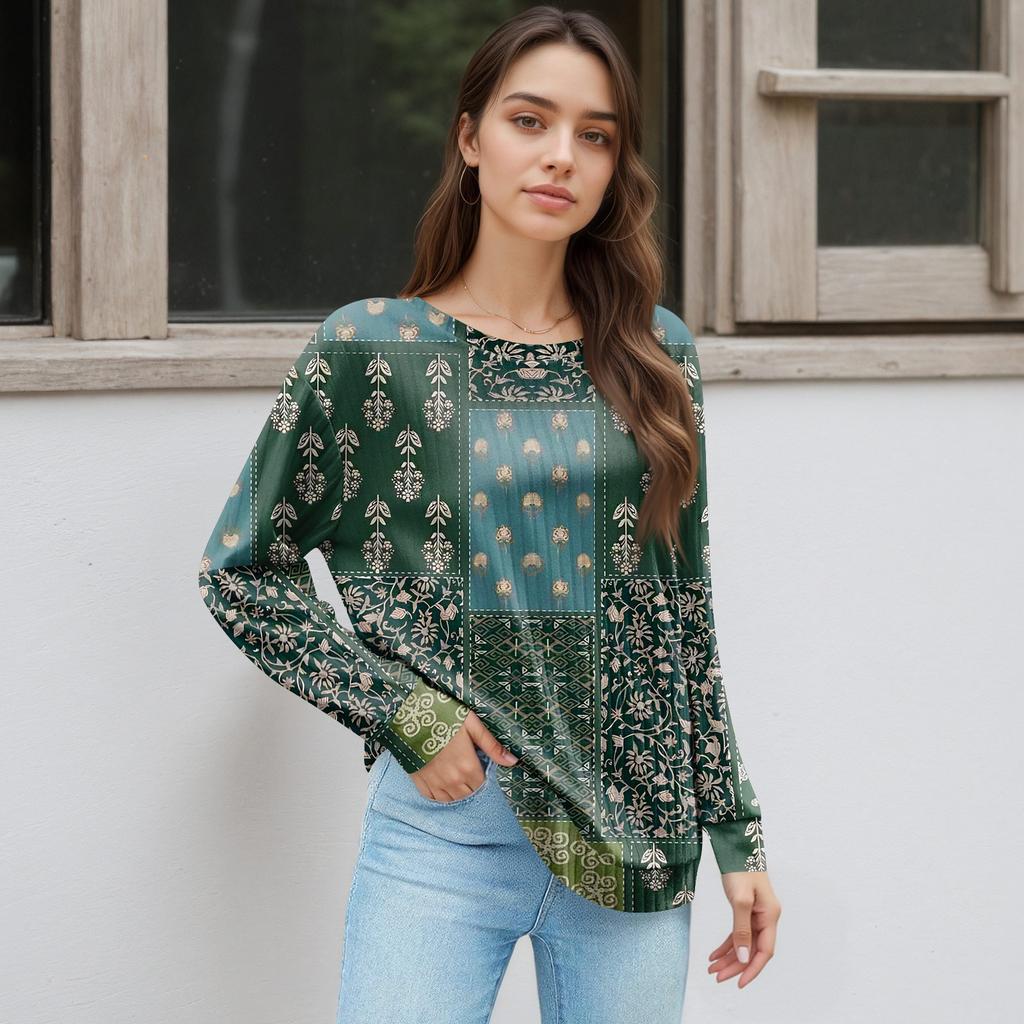 Women's Printed Lightweight Brushed-Cotton Round Neck Top