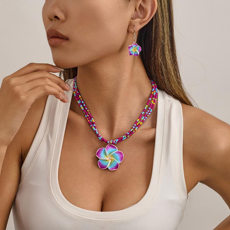 Ladies Jewelry Set Cute Fashion Seaside Beach Colorful Flower Earrings Girls Sweet Elegant Wax Rope Braided Necklace