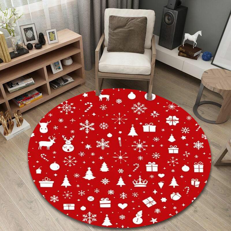 Round Carpet Christmas White Silhouette Snowflake Tree Reindeer Gift Red Decor