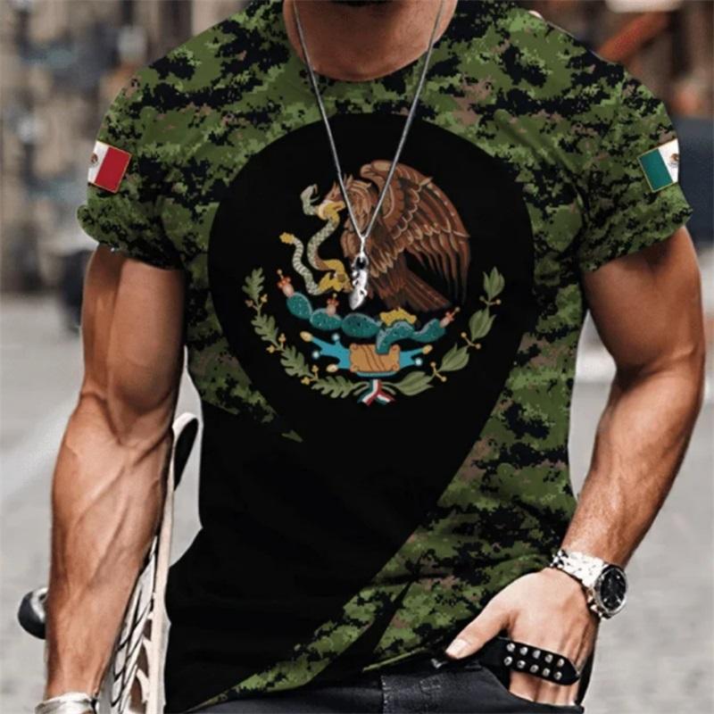 Vintage T Shirt For Men Mexico Flag Print Eagles Pattern Tshirt For Men Casual Short Sleeve Tee Tops Oversized Men Clothing
