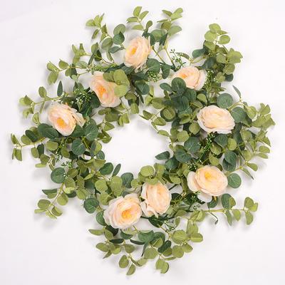 200CM Eucalyptus Garland with Camellias Artificial Flower Fake Flower Silk Rose Vine Decor Hanging Faux Leave Floral for Wedding