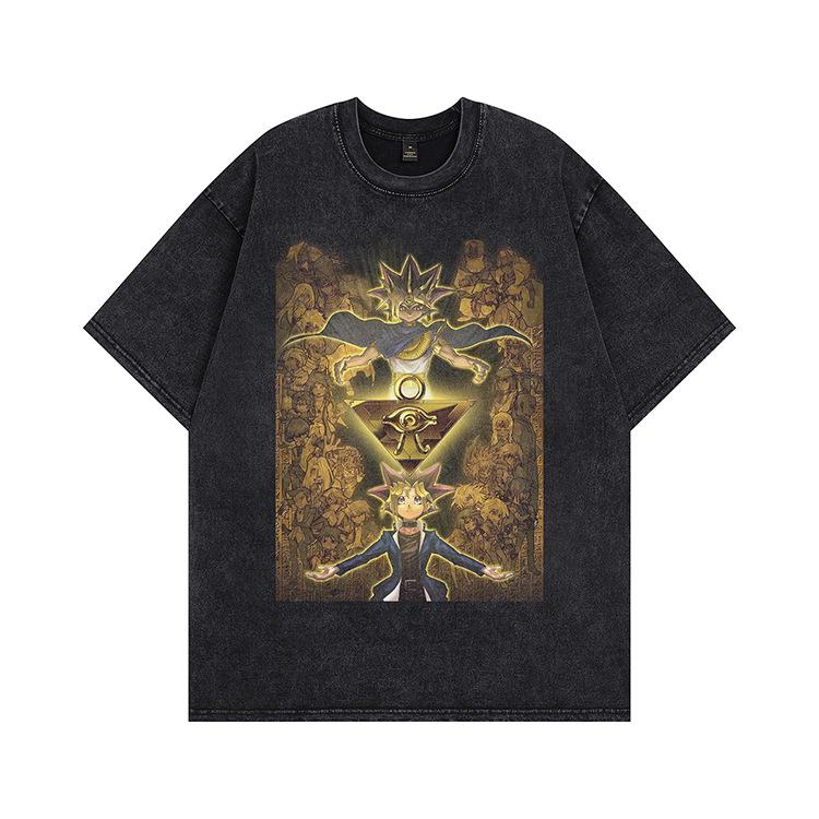 Kanye American trend retro washing water cartoon short-sleeved vintage old loose round neck men's and women's same T-shirt