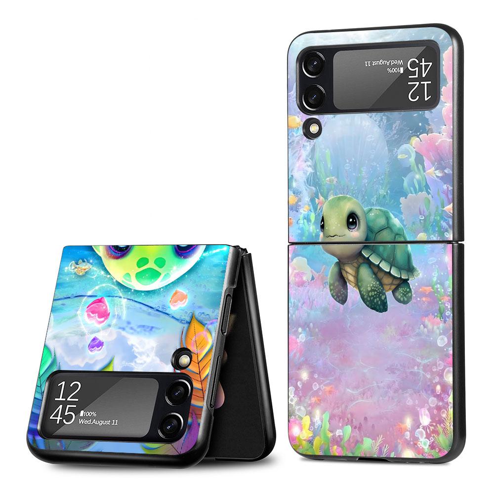 Cute Little Turtle Luxury Case for Samsung Galaxy Z Flip4 Flip3 5G PC Hard Cell Phone Shell Z Flip 4 3 Black Zflip4 Zflip3 Cover