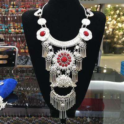Landie Ethnic Style Miao Retro Collar Rhinestone Gemstone Silver-plated Long Necklace Performance Travel Photography Jewelry Necklace