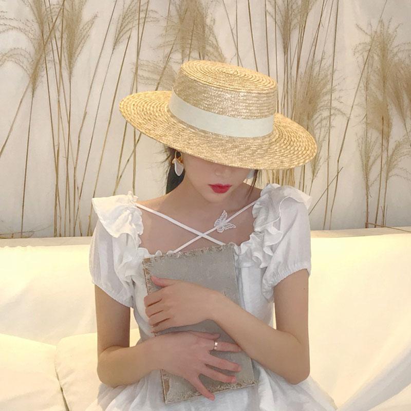 Summer Female Natural Stiff Wheat Straw Boater Fedora Top Flat Hat Women Beach Brim Cap RAFFIA Sun Hat for Women Jazz Panama