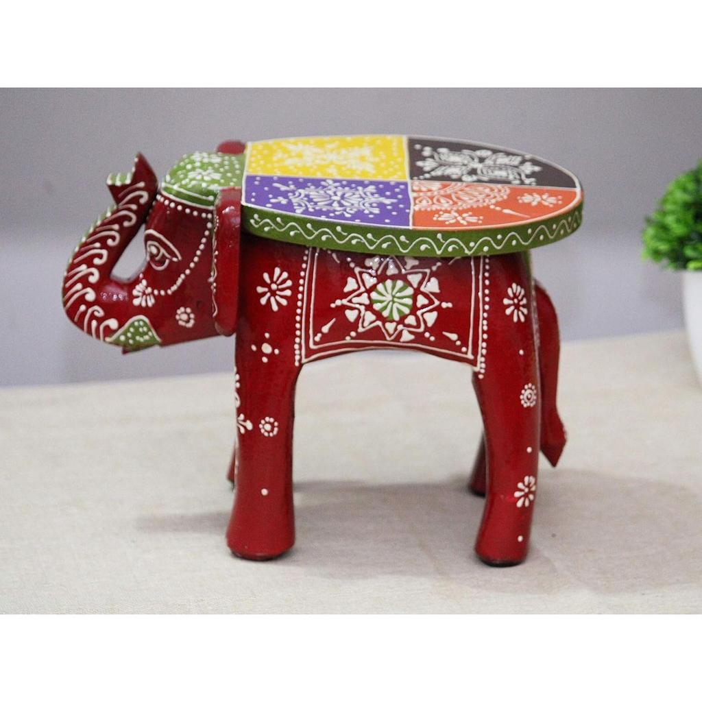 Ručně vyráběná a embosovaně malovaná barevná dřevěná stolička/stolek ve tvaru slona (8 palců výška)