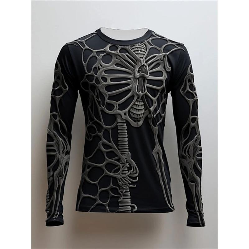 Summer Round Neck 3D Skull Pattern Printed Top, Fashionable and Casual Men's Long Sleeved T-shirts