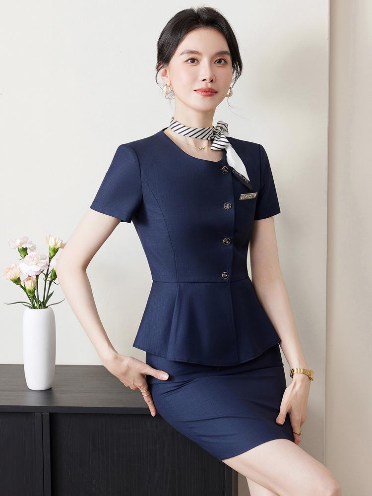 Women's Professional Ruffled Suit Set - Short-Sleeved, Cinched Waist for Hotel Reception Businesswear