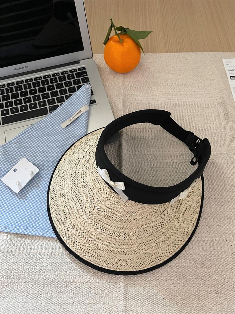 Summer Black Straw Wide Brim Hat For Women With Bow Adjustable For Outdoor Use