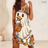 Women Plus Size Sleeveless A Line Dress Round Neck Keyhole Ring Halloween Ghost Pumpkin Printed Casual Dress