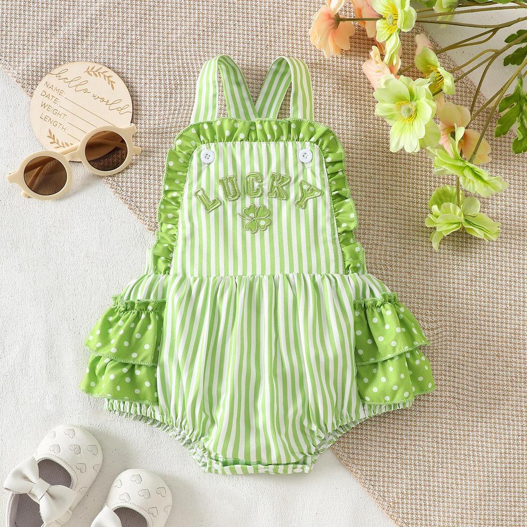 2025 Summer Infant & Toddler Lace Suspender Romper with Clover Embroidery