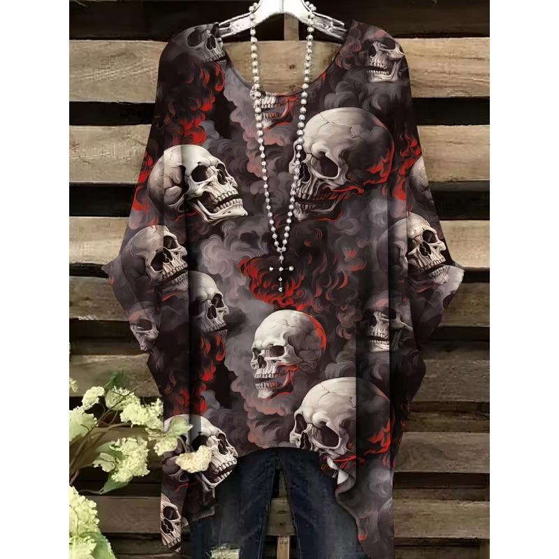 Camiseta para Mujer Estilo Gótico Bohemia Estampado de Calavera Dobladillo Irregular Holgada Cuello Redondo Manga Corta Oversize Y2k