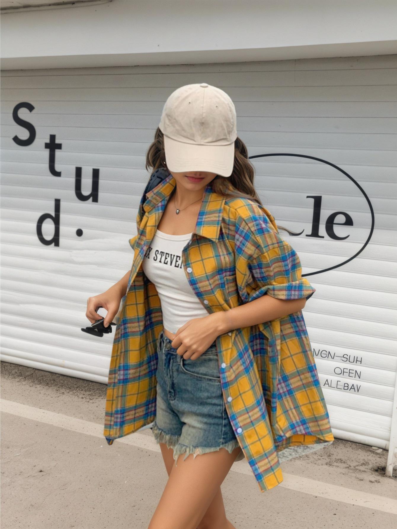 

2026 New Style Women s Yellow and Blue Plaid Short-Sleeve Loose Shirt S лимонно-желтый