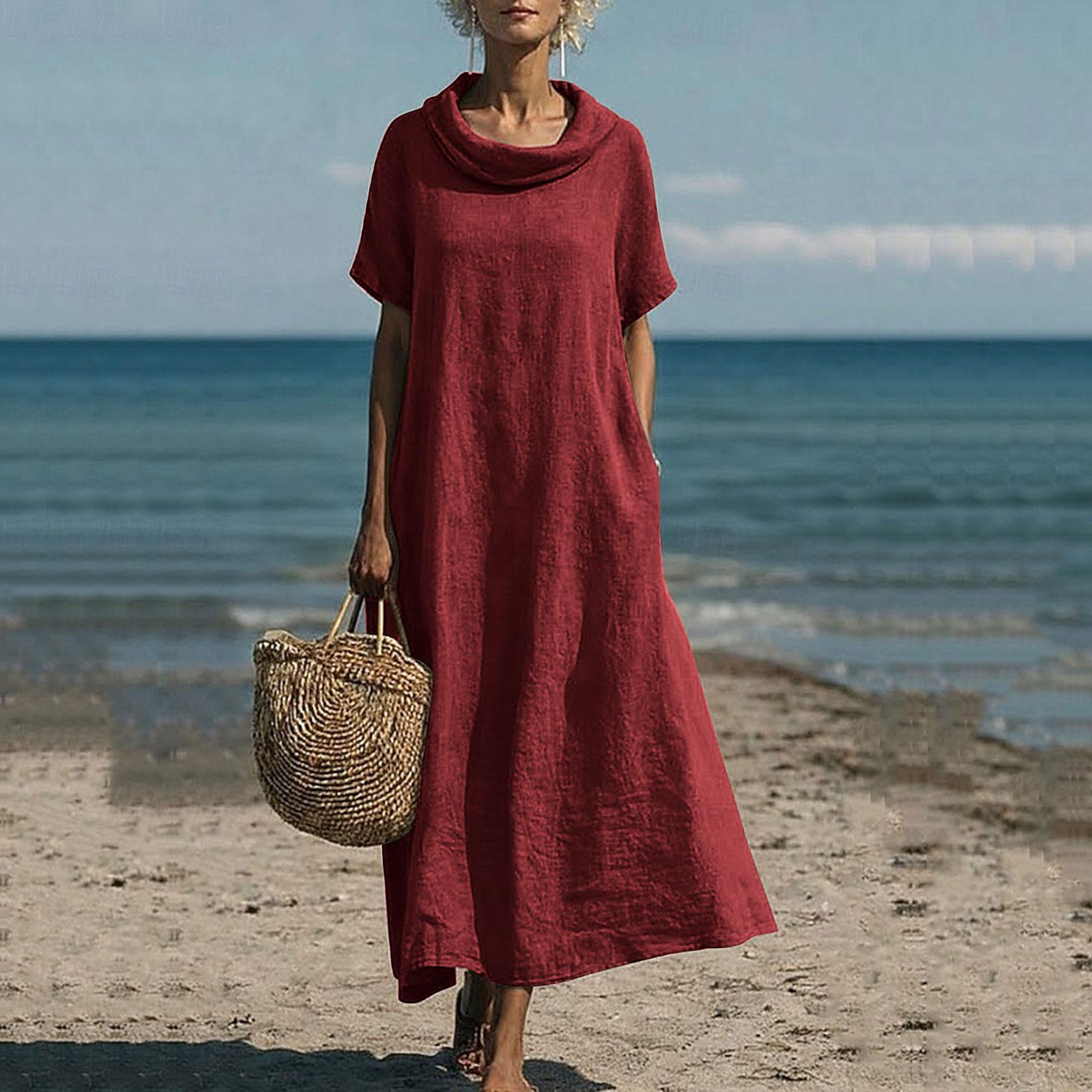 

Women’s Fashionable Casual Plain-Coloured Short-Sleeved Cotton-Linen Dress With A Puffed Collar XL винний