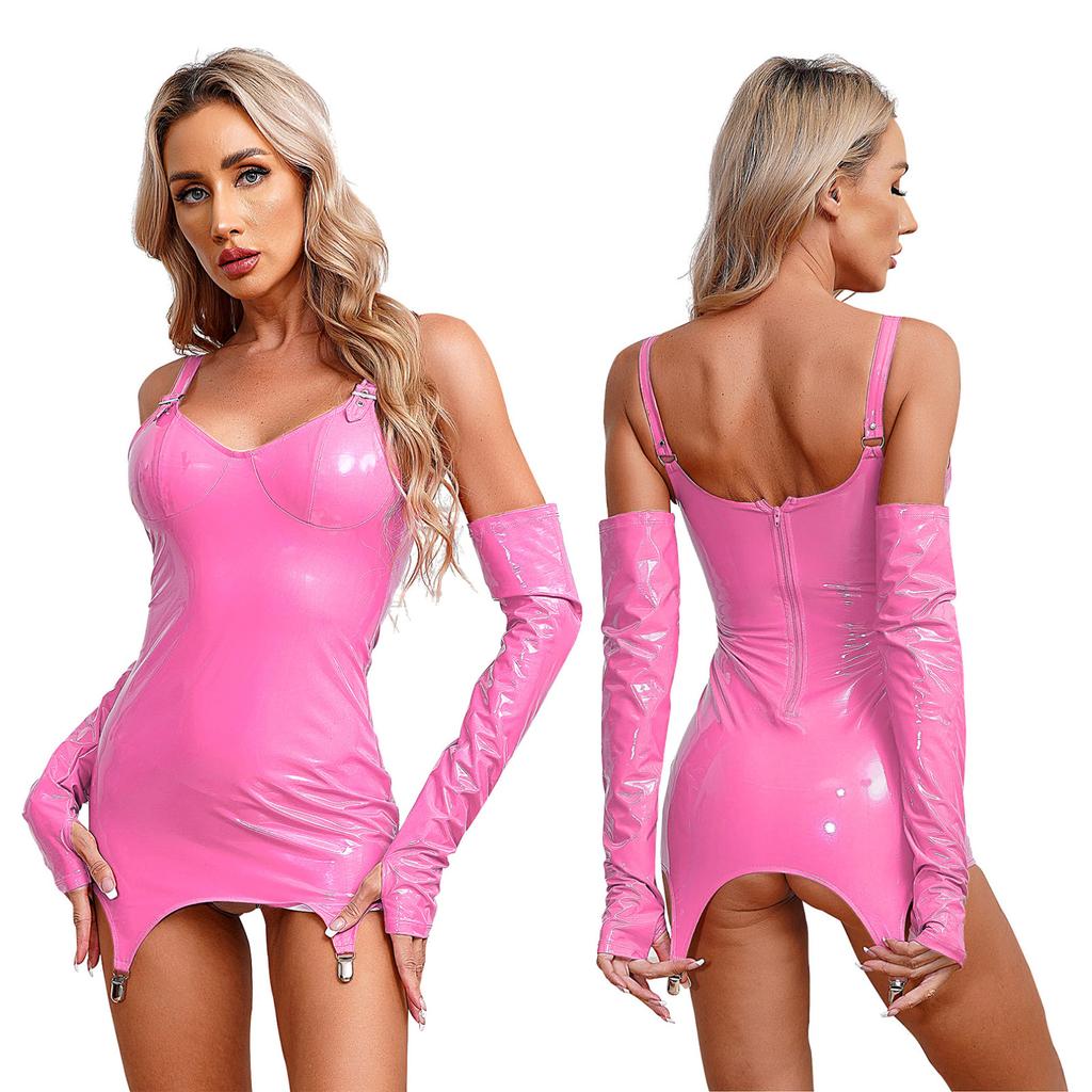 Dámské lesklé šaty z lakované kůže s podvazkovými klipsy Mini spodní prádlo Šaty Sexy klubové oblečení