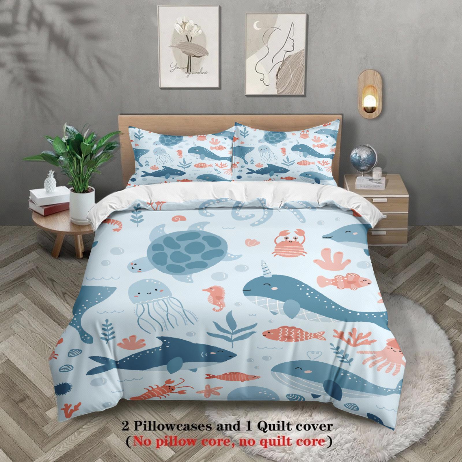 Grosstor Unisex 3Pcs Ocean Animal Bedding Sets 3D Printed Sea Creatures Duvet Cover Sets With Pillowcases No Filling