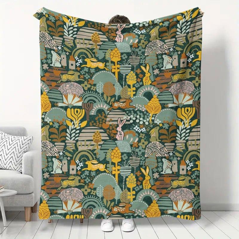 1pc Vintage Forest Rabbit Print Flannel Blanket, Bohemian Style Warm Throw Blanket for Home, Sofa, Naps, Bedroom, Dorm, Autumn/Winter Plush Blanket
