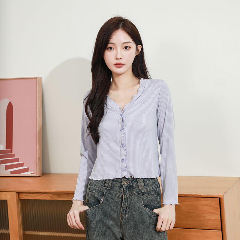 2024 Spring/Summer Slimming Ruffle V-Neck Knit Cardigan - Women's Long Sleeve Base Layer Top
