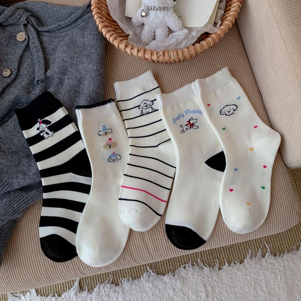 White Cartoon Socks Socks Spring Cotton Striped Stack Socks Cute Puppy Polka Dot Stockings