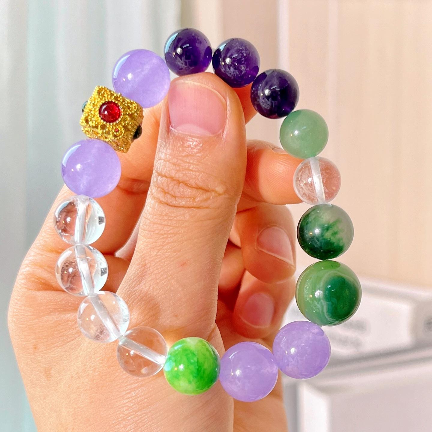 Spring 12Mm Large Particle Green Milk Cap Quartz Stone Natural White Crystal Amethyst Bracelet Bracelet