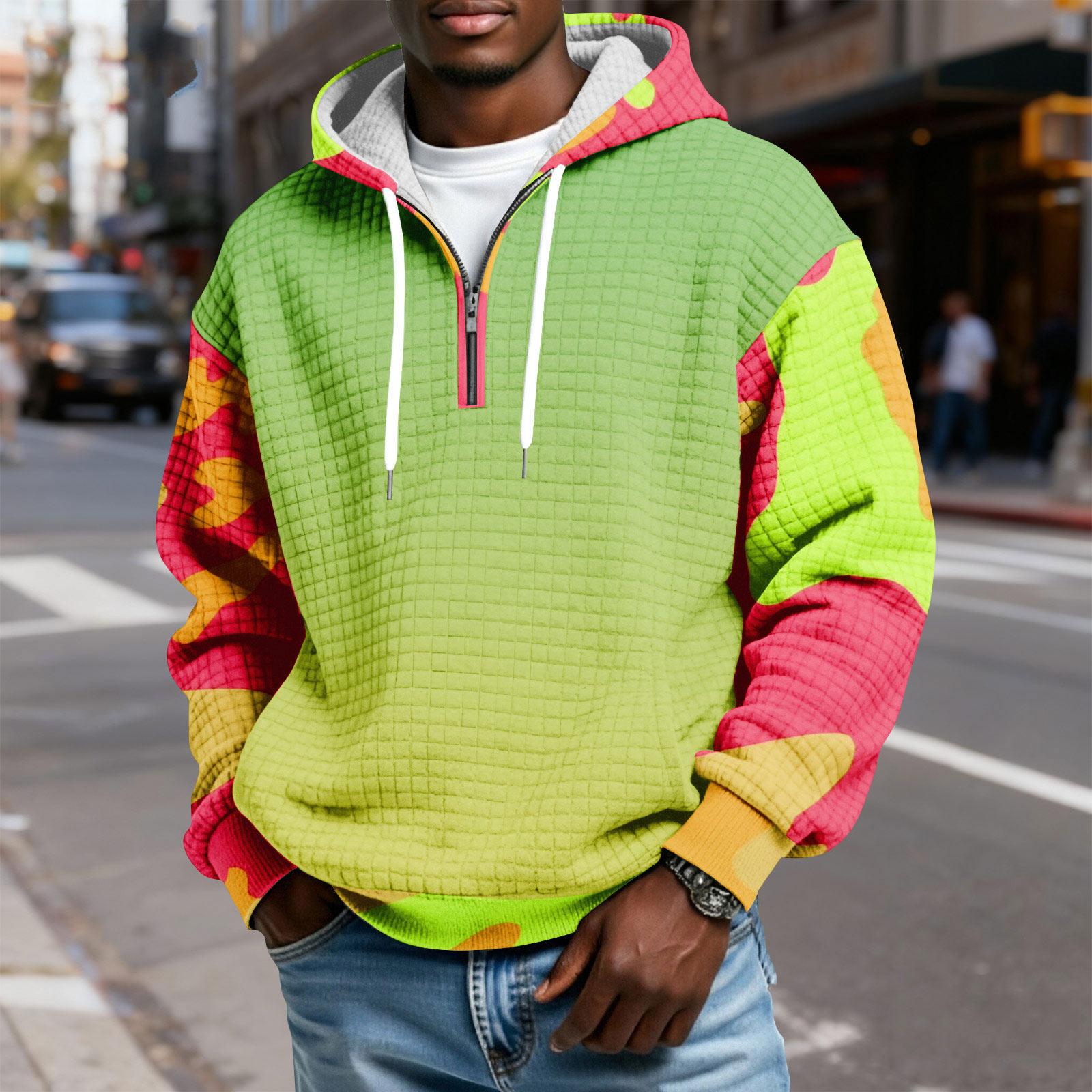 

Men s Half-Zip Hooded Plaid Pullover Drawstring Print Casual Sports Sweatshirt S