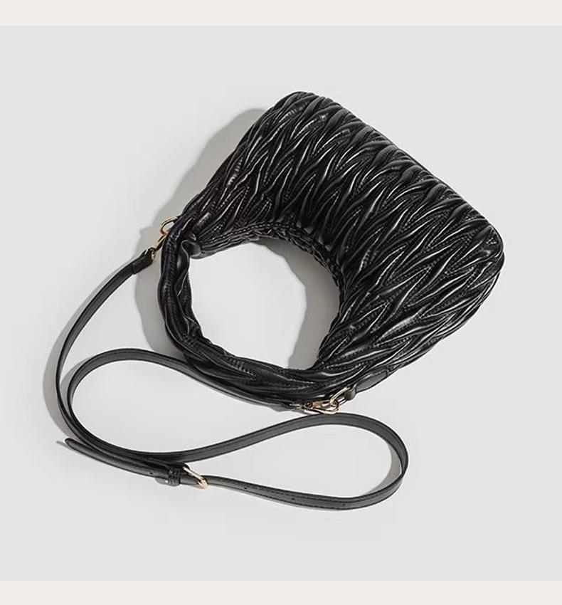 Women's Black 3D Pleated Crescent Crossbody Bag