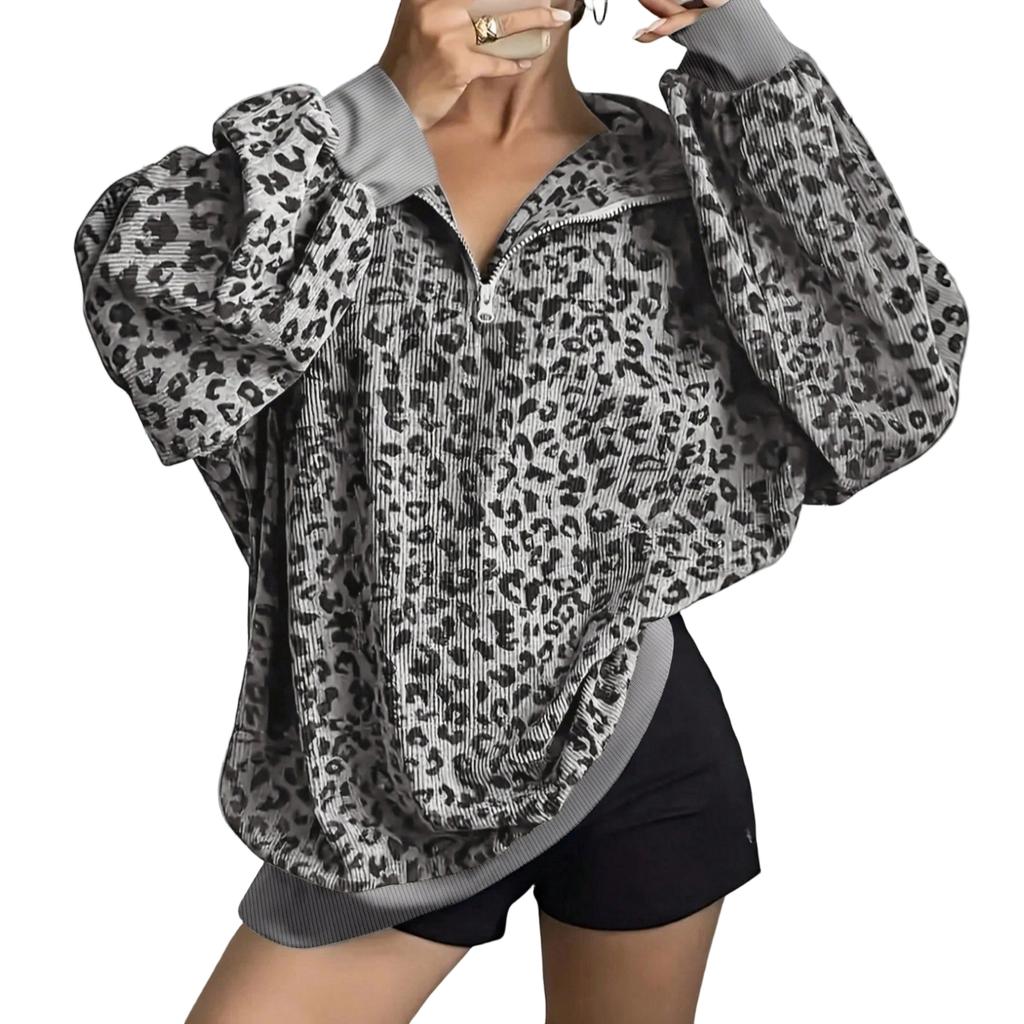 Damen Kapuzenpullover mit Kragen im Leopardenmuster, lockere Passform