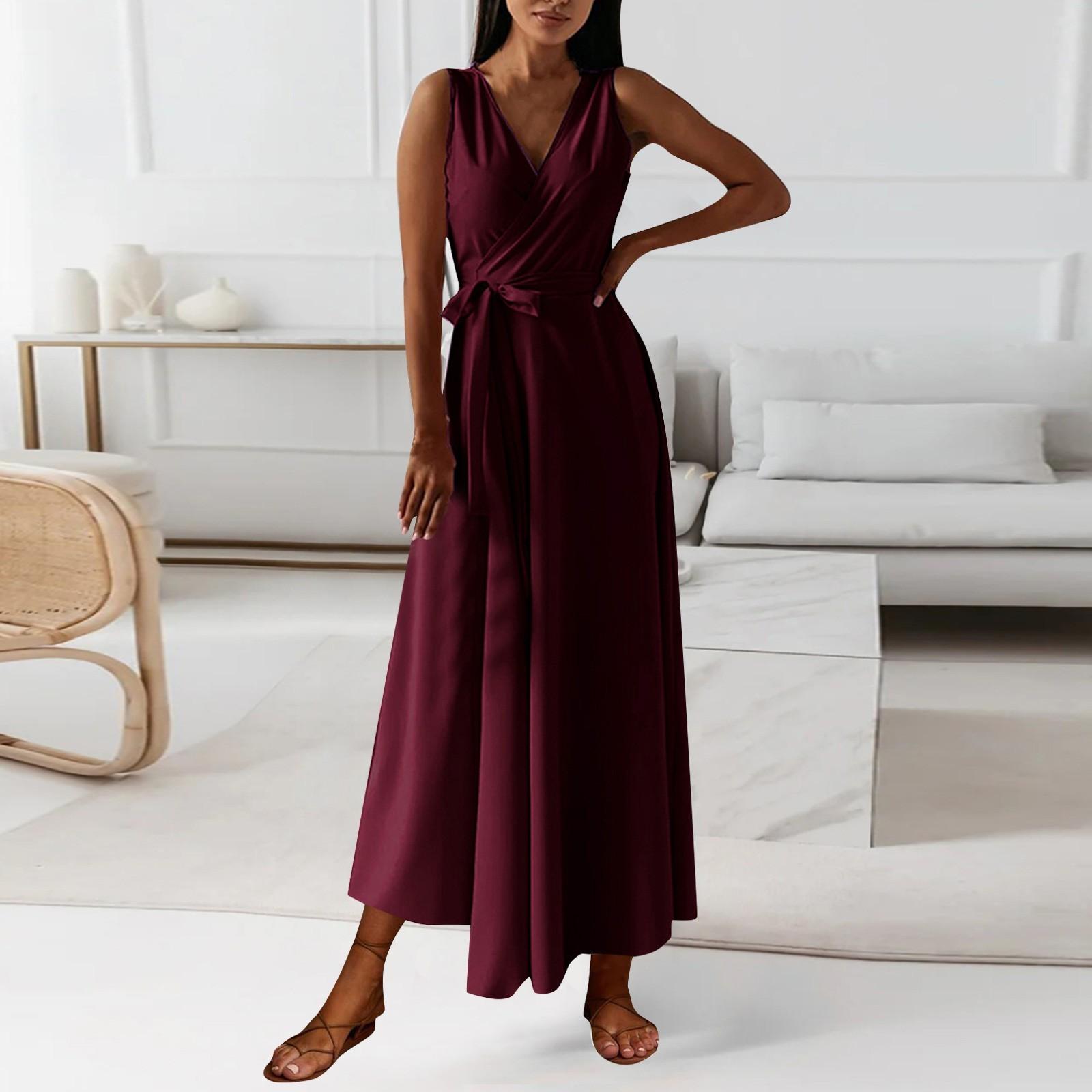 

Женское длинное платье макси без рукавов с v-образным вырезом и эластичной резинкой на талии, плиссированные качели, элегантное платье для вечеринки, свадьбы, гостя XXL винный