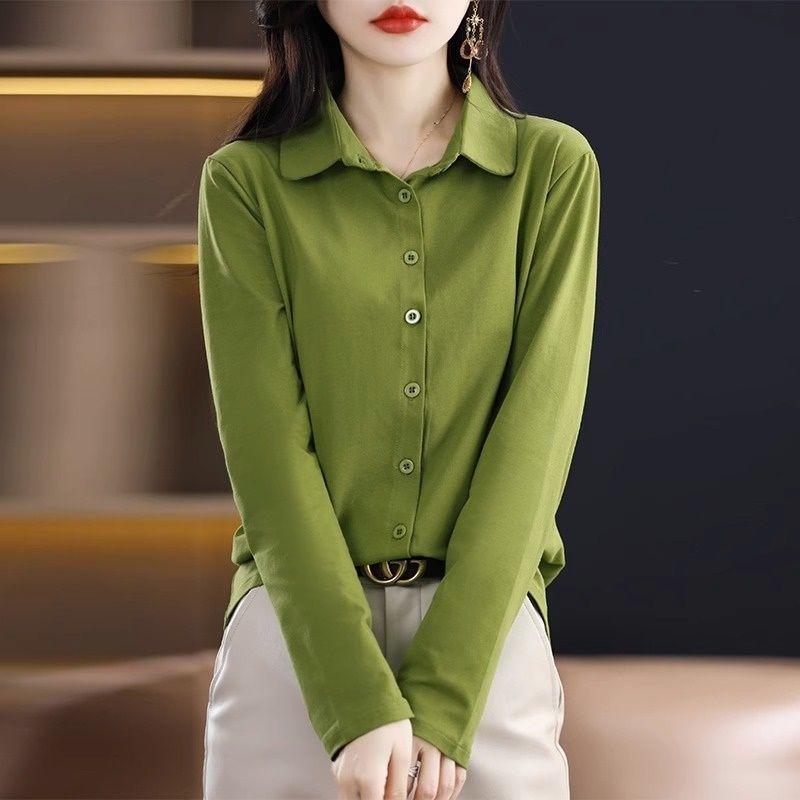 

New Arrival Export Spring & Fall Double-Sided Dralon Shirt Women s Clothing Fall and Winter Thickened, Sanded Fabric Heattech Bottoming Cardigan Mercerized cotton oil fruit Green L