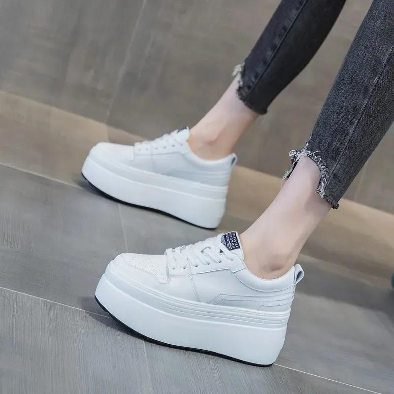 Fashion 8cm Cow Genuine Leather Autumn Spring Platform Wedge High Fashion Breathable Sneakers Chunky Casual Women Moccasins Shoes