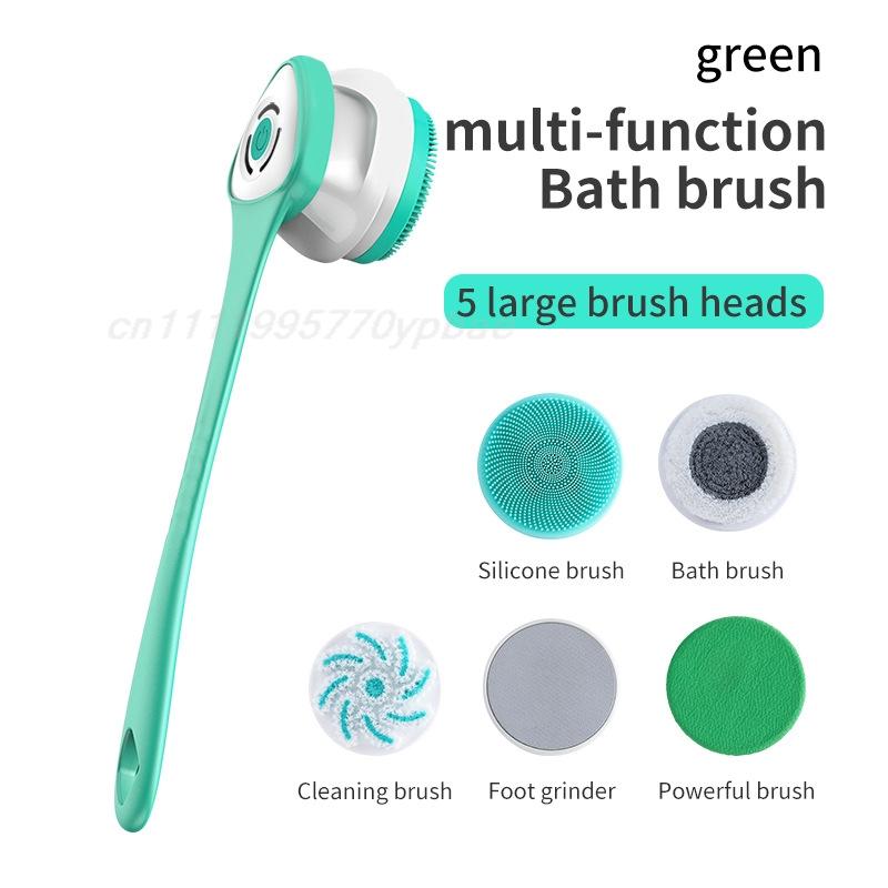 Electric Shower Brush Multi-Function Silicone Body Scrubber IP6 Waterproof Back Exfoliating Brush 5 Heads Foot Grinder
