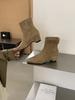 Early autumn square head slope heel suede short boots feeling Maillard thin rear zipper with skirt denim wide pants