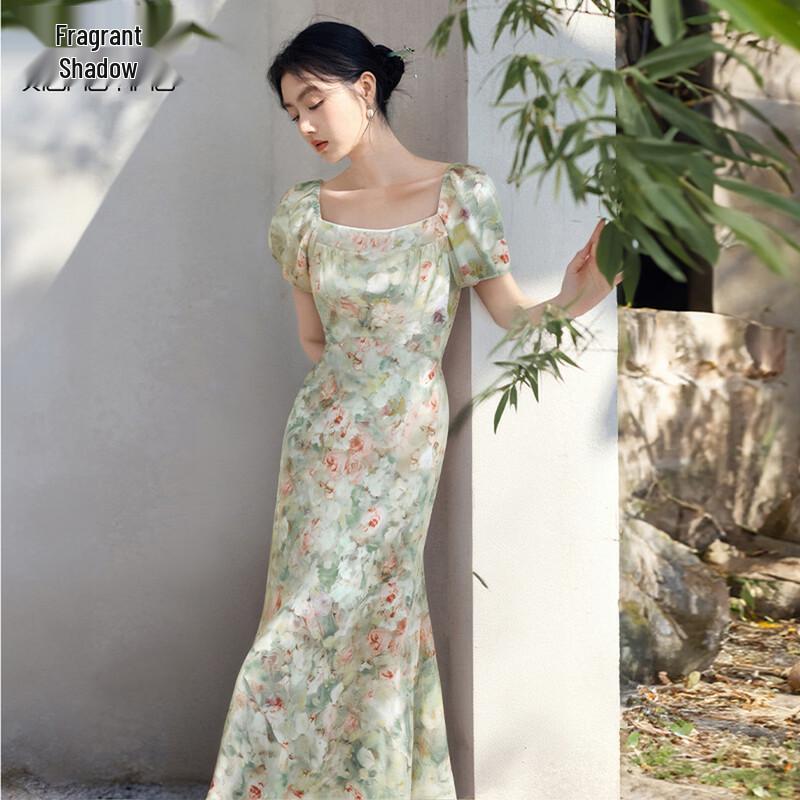 Xiangying Monet Garden Floral Print Square Neck Puff Sleeve Maxi Dress M
