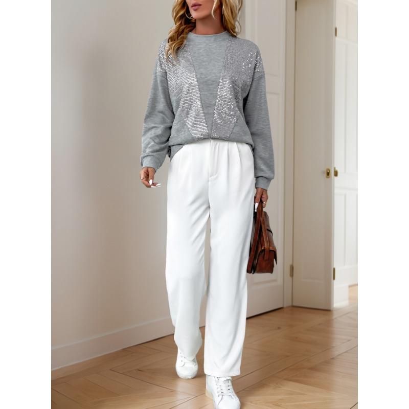 Jaro Podzim Kulatý Výstřih Volná Ležérní Flitry Mikina Ženy Dlouhý Rukáv Vše-ladící Patchwork Svetr Top