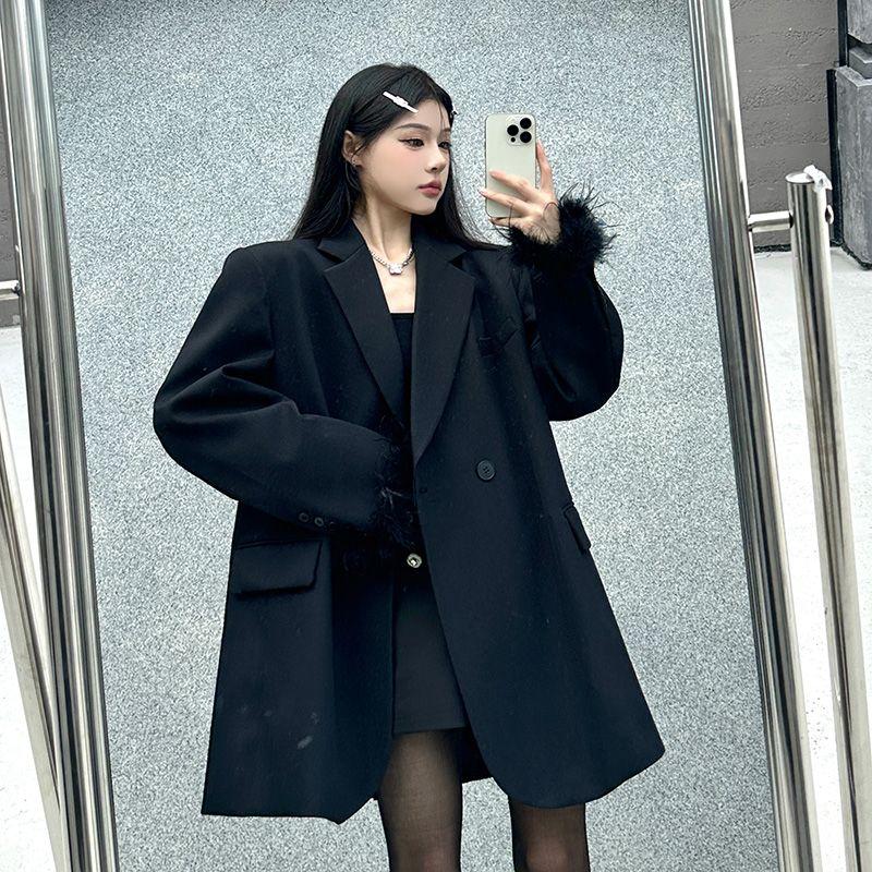 Premium Black Suit Jacket for Women, Sophisticated Long Loose Fit Blazer with Casual Style for Autumn