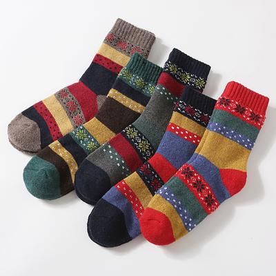 5/10 Pairs Comfortable Casual Autumn Winter Thickened Warm Fleece Socks for Women Octagonal Ethnic Style Mid Calf Wool Socks Cotton Versatile