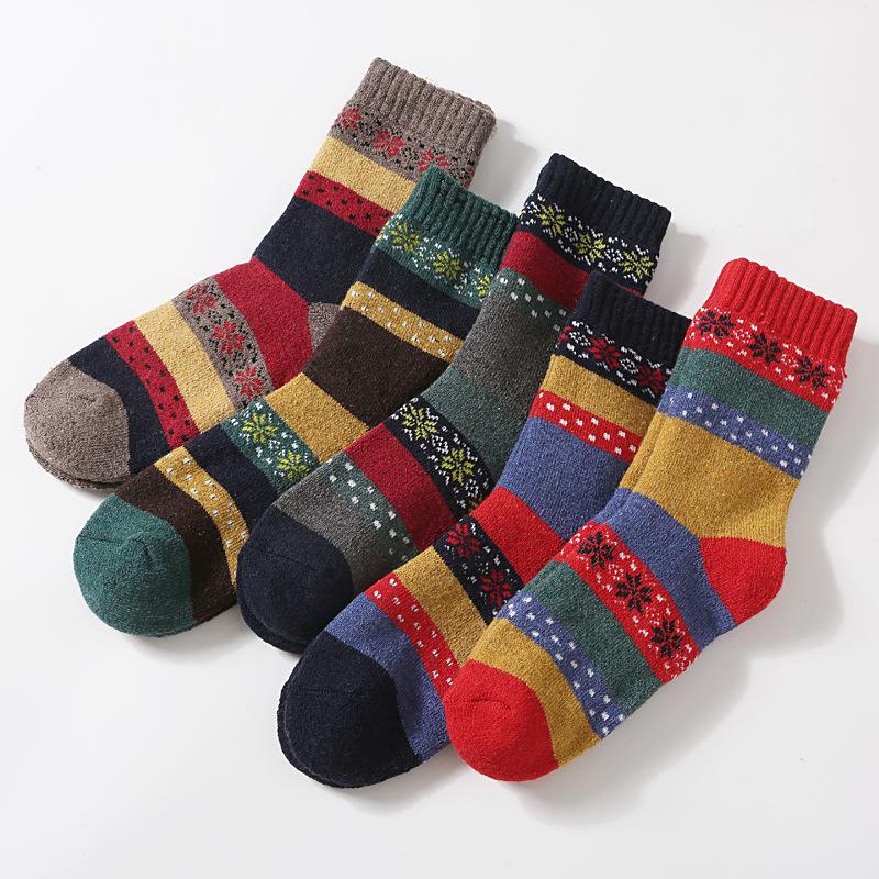 5/10 Pairs Comfortable Casual Autumn Winter Thickened Warm Fleece Socks for Women Octagonal Ethnic Style Mid Calf Wool Socks Cotton Versatile
