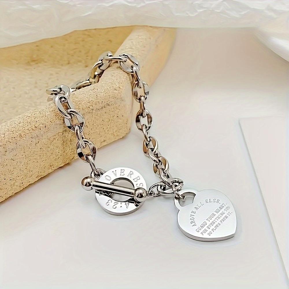 

1pc Stainless Steel Bracelet With Heart Pendant, Double Heart OT Buckle Couple Bracelet Unisex 18cm