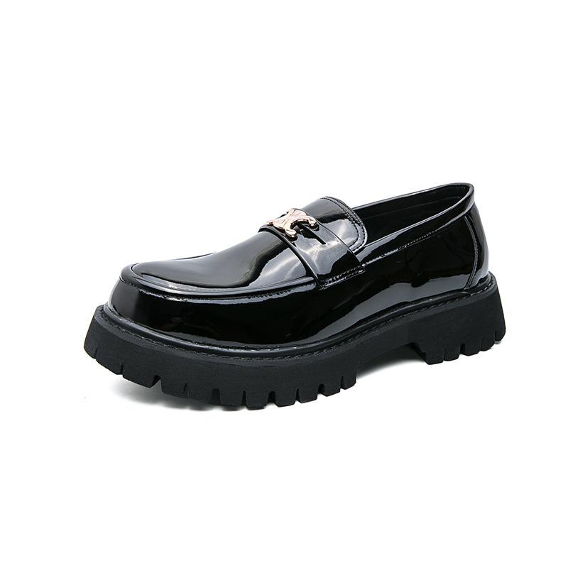 Leather shoes men's round head heightening shoes horse buckle men's loafers trendy casual shoes men's one-pedal small leather shoes