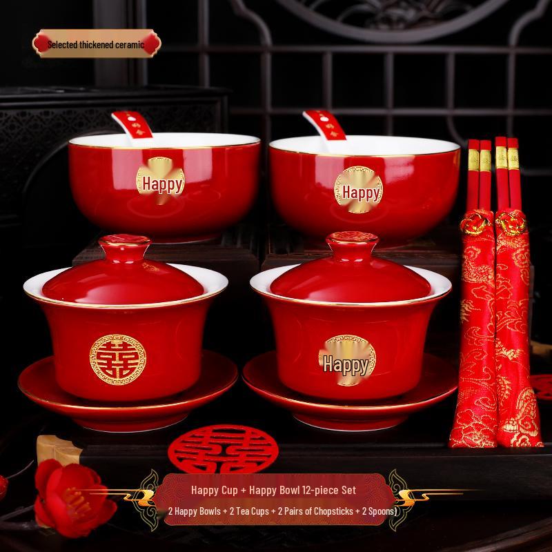 Wedding Tea Set: Red Bowls, Cups, and Chopsticks for Bride's Dowry