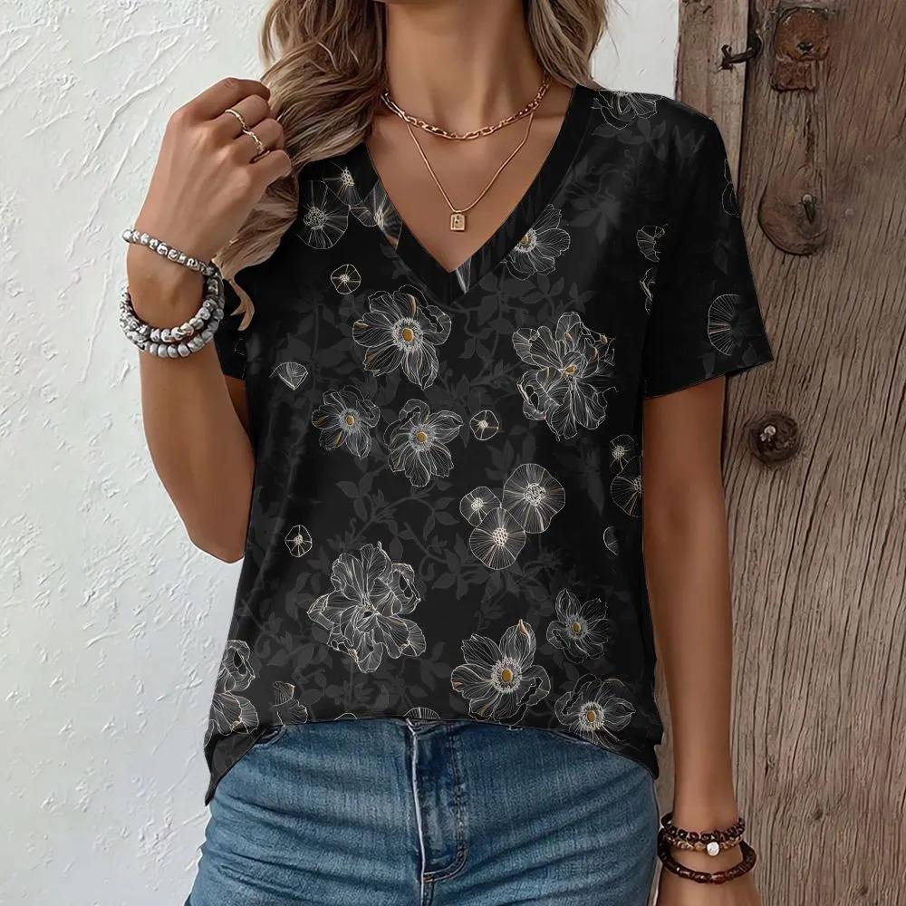 Creative Flower Colorful Pattern Summer Soft Fashionable Comfortable Women's T-Shirts Casual Breathable Loose V-Neck Short-Sleeve T-Shirt